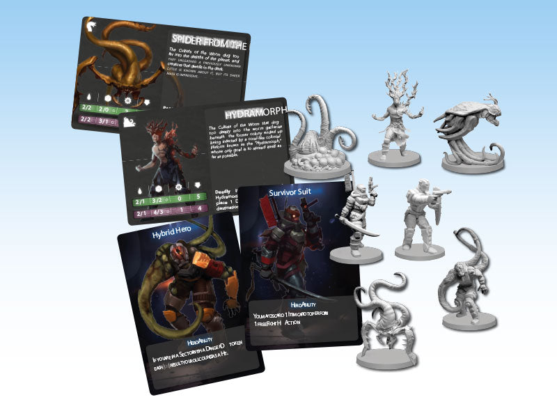 Tabletop game set with unpainted monster and character miniatures alongside illustrated game cards