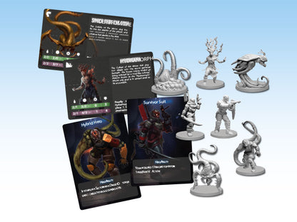 Tabletop game set with unpainted monster and character miniatures alongside illustrated game cards