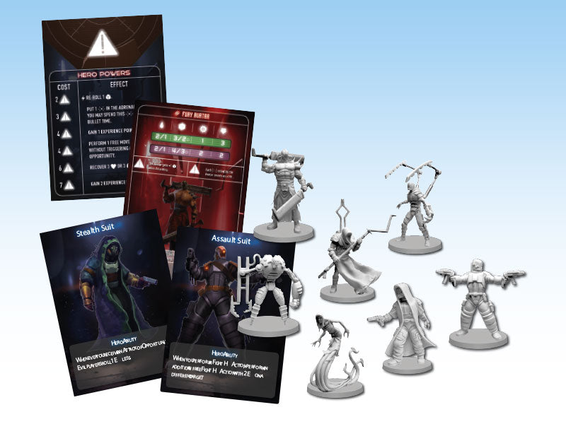 Grey sci-fi game miniatures and cards, including "Hero Powers" and "Stealth Suit", displayed on a blue background
