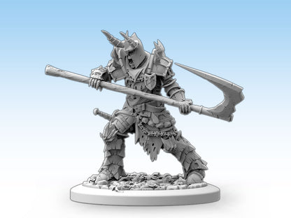 Grey miniature of a horned skeletal warrior in ornate armor, wielding a large curved scythe
