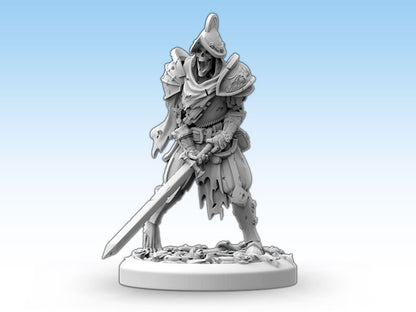 Grey miniature of an armored skeletal warrior in a conquistador helmet, standing with a greatsword