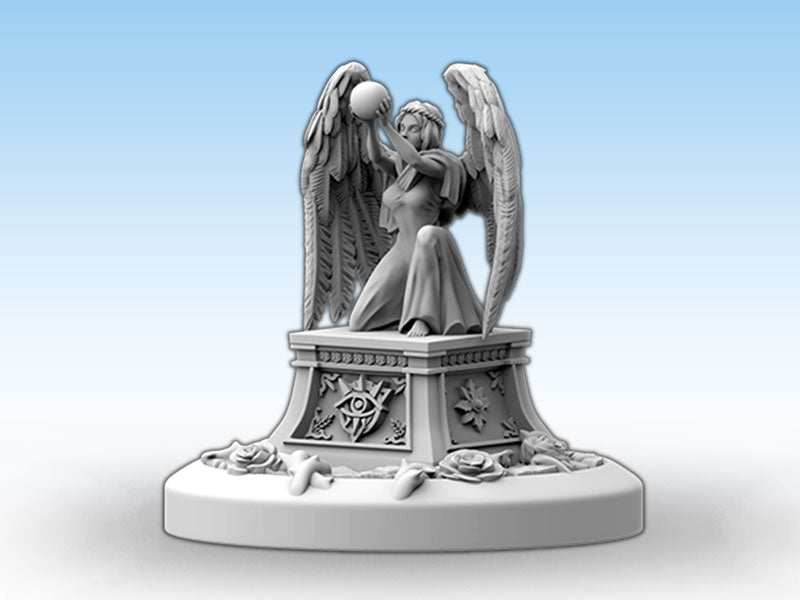 Gray angel miniature, kneeling on a pedestal with an eye symbol, holding a sphere aloft