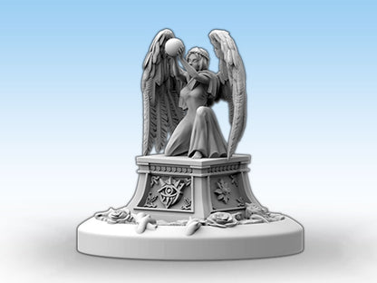 Gray angel miniature, kneeling on a pedestal with an eye symbol, holding a sphere aloft