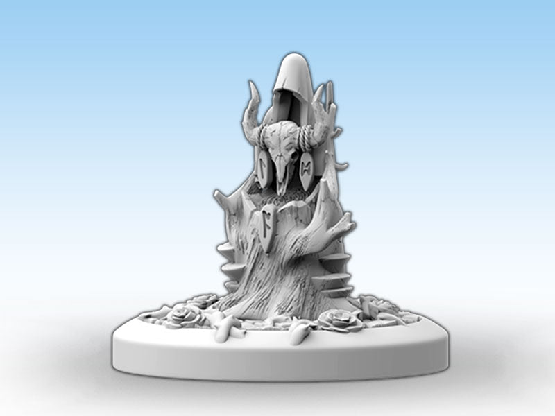 Gray miniature: Gnarled tree stump topped with a horned skull, a hood, hanging charms, and roses around its base