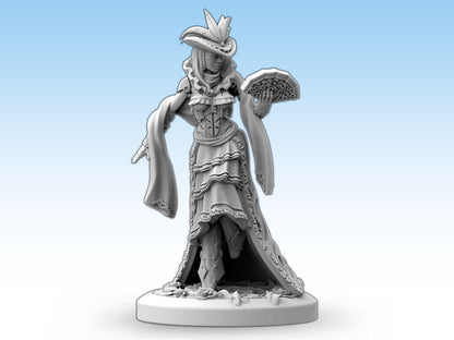 Grey miniature of an elegant woman in a feathered hat and ornate dress, holding a fan and pistol