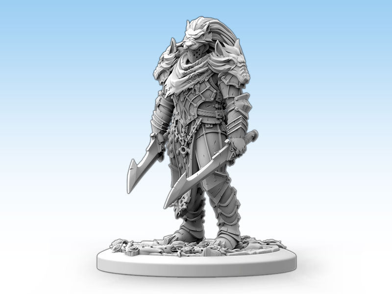 Highly detailed 3D render of an armored wolf warrior miniature holding two curved swords