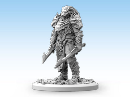 Highly detailed 3D render of an armored wolf warrior miniature holding two curved swords