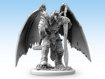 Menacing unpainted winged demon miniature with horns, skull armor, wielding a large sword on a skull-strewn base