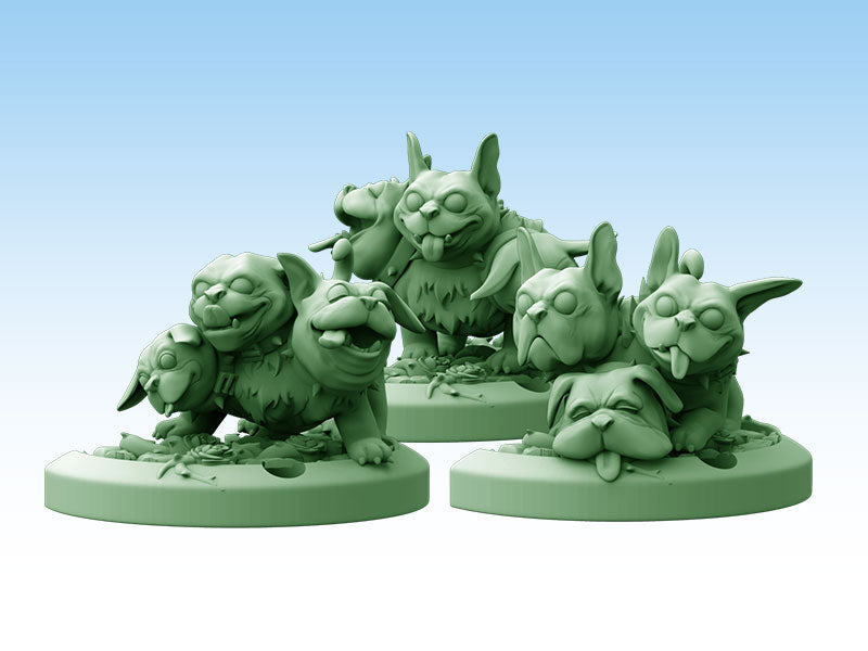 Green miniature figures of playful, multi-headed dog creatures with tongues out, on circular bases