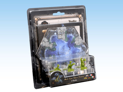 A blister pack containing three green Hydra miniatures and a map tile for 'Black Rose Wars Familiar'