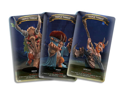 Three fantasy-themed cards, Brain, Pinky, and Spriggy, are fanned out