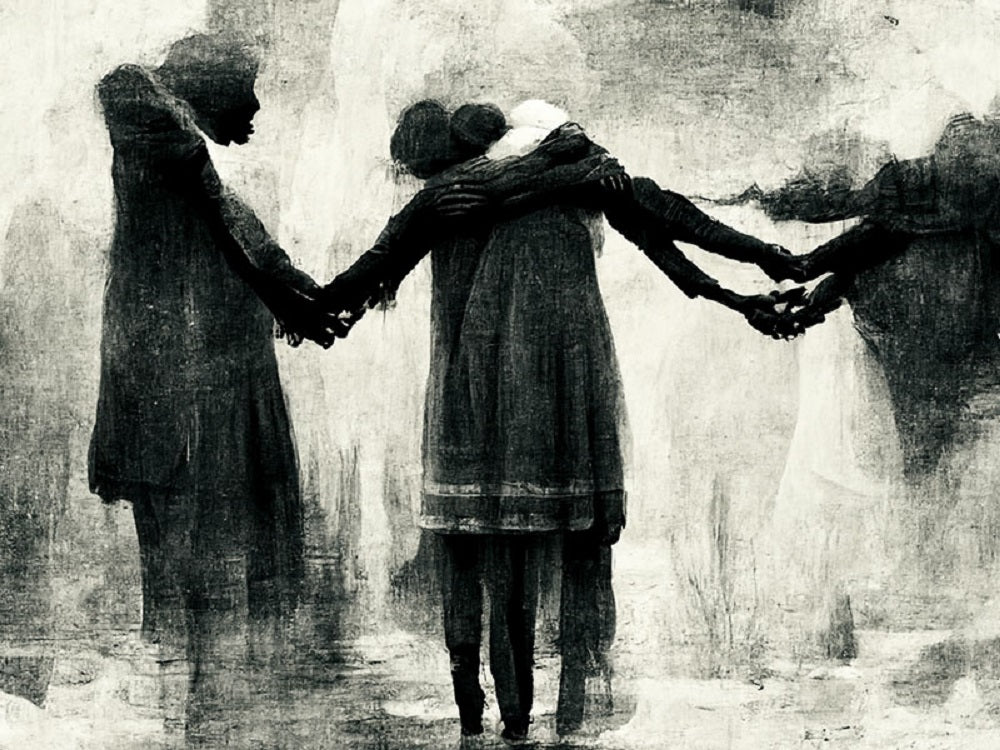 Distressed black and white painting of dark figures holding hands, forming a chain