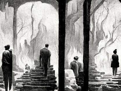 High-contrast, B&W illustration of figures walking up rough stone steps in a forest grotto or cave entrance
