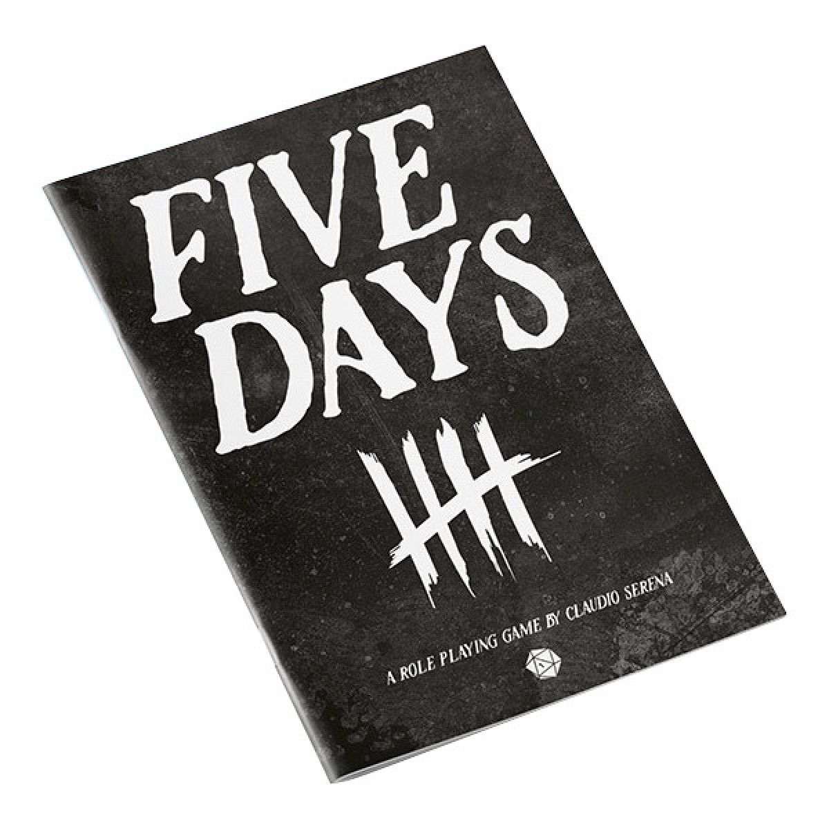 Black RPG zine cover for "FIVE DAYS," featuring white distressed text and a tally mark