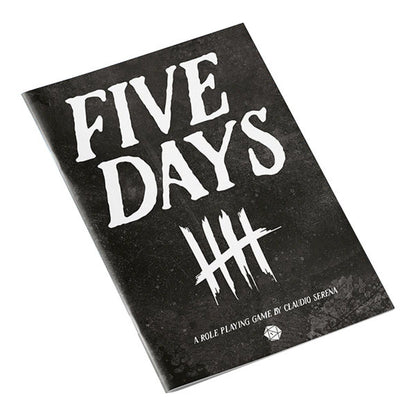 Black RPG zine cover for "FIVE DAYS," featuring white distressed text and a tally mark