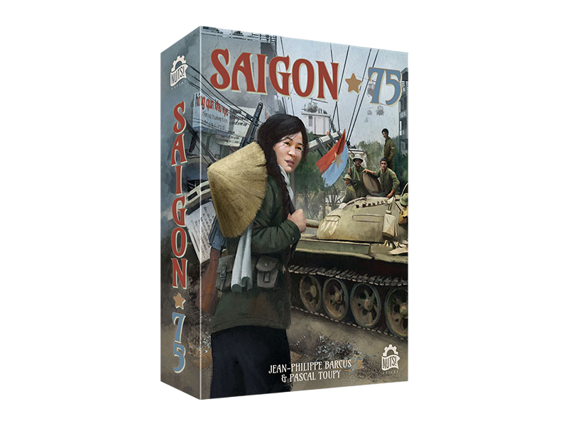Board game box for 'Saigon '75' features a woman in a conical hat walking past a tank and soldiers