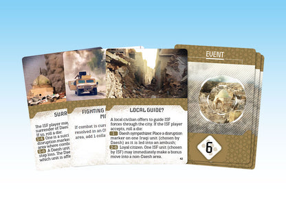 Four fanned-out game cards featuring scenes of urban destruction: a smoking building, military vehicle, rubble, and game events
