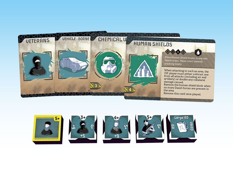 Collection of modern warfare board game cards and tokens. 'Human Shields' and 'Veterans' cards fan out above character and IED tokens