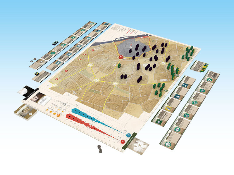 We Are Coming, Nineveh! board game fully set up, featuring a detailed city map board, various cards, green and black pieces, dice, and a score track