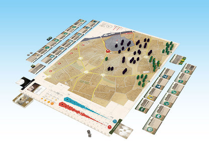We Are Coming, Nineveh! board game fully set up, featuring a detailed city map board, various cards, green and black pieces, dice, and a score track