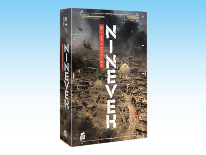 We Are Coming, Nineveh! game box. Front: aerial view of a war-torn city, military helicopters, smoke, and game UI