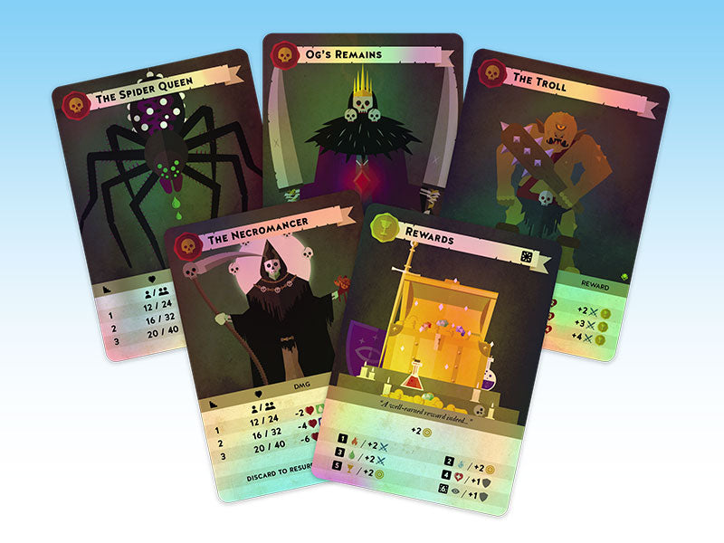 Five colorful fantasy game cards fanned out, depicting a spider queen, necromancer, troll, and a rewards chest