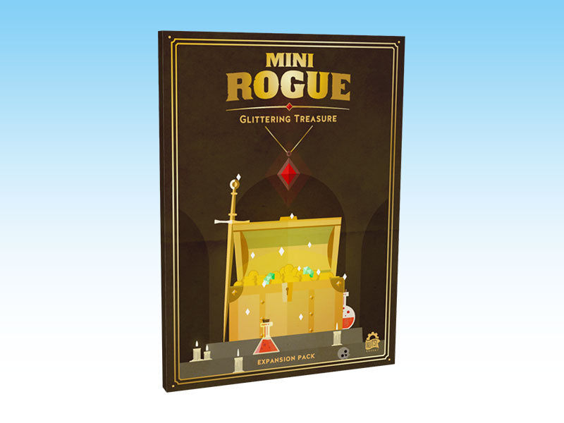 Mini Rogue: Glittering Treasure expansion pack box. Features an open treasure chest spilling gold, a sword, and potions