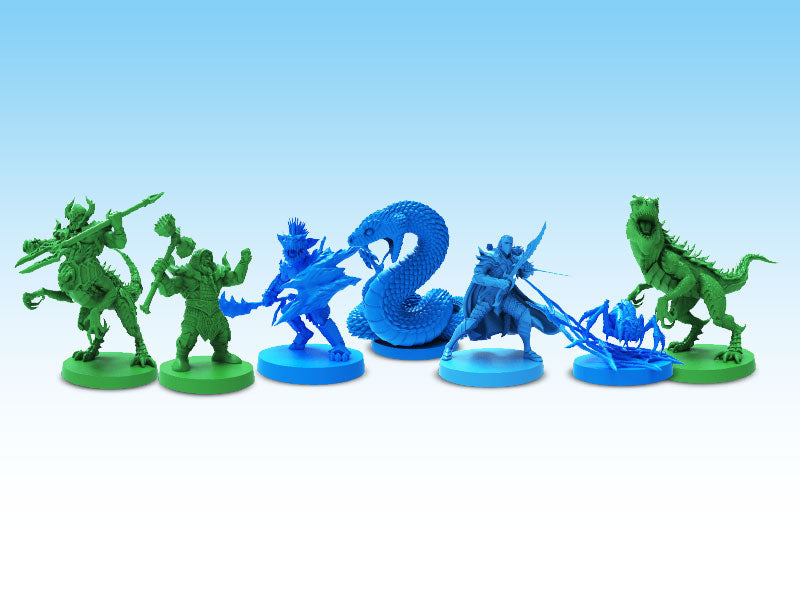 Seven green and blue fantasy tabletop miniatures: warriors, monsters, a snake, and a dinosaur, posed for battle