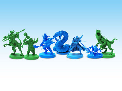 Seven green and blue fantasy tabletop miniatures: warriors, monsters, a snake, and a dinosaur, posed for battle