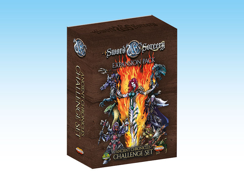 A "Sword & Sorcery: Ancient Chronicles Challenge Set" game box, featuring a red-haired sorceress amidst fire and fantasy creatures