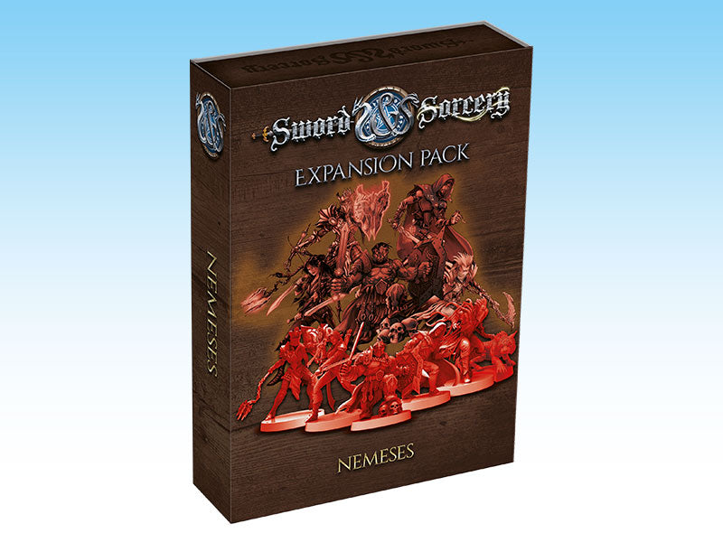 Sword & Sorcery Nemeses Expansion Pack box, featuring dark fantasy art and red character miniatures