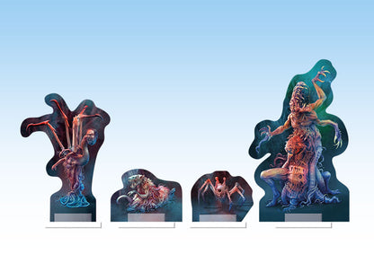 Four diverse horror game standees: mutated spider-humanoid, rat monster, alien insect, and large tentacled beast