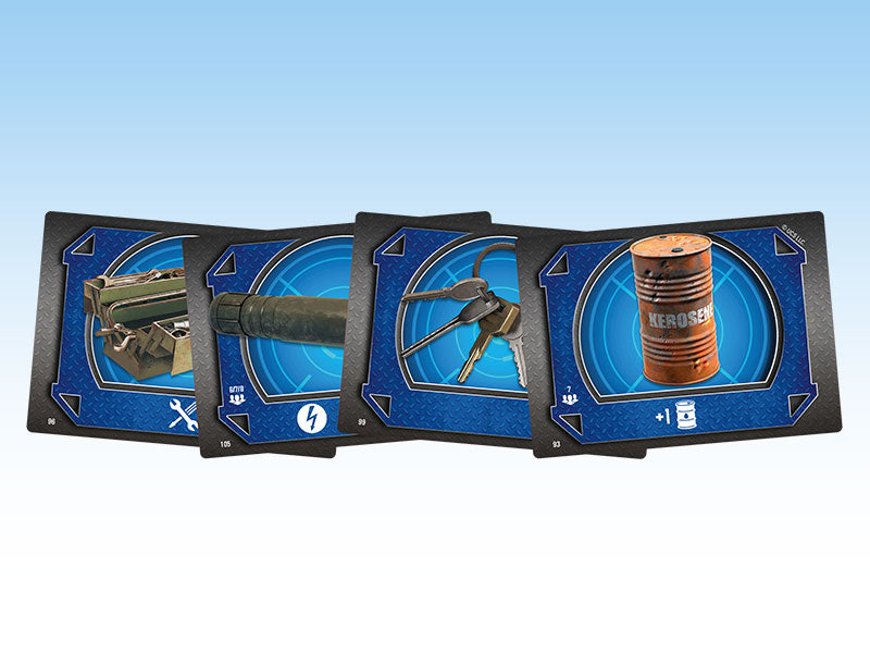 Four fanned-out game cards displaying a toolbox, a power cell, keys, and a rusty kerosene barrel