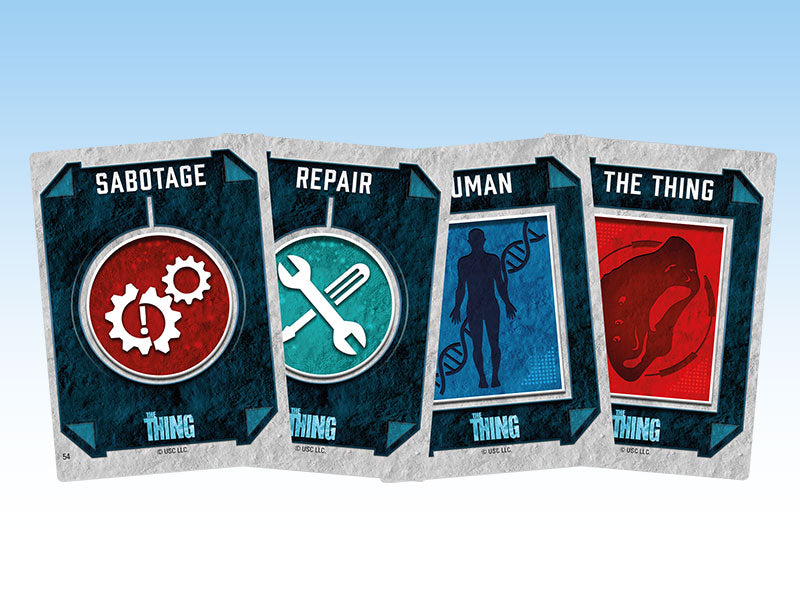 Four "The Thing" board game cards: Sabotage (gears), Repair (tools), Human (silhouette), and The Thing (monster)