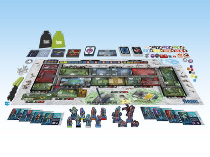 The Thing: The Boardgame setup, showing an arctic base map, character standees, monster figures, cards, and tokens