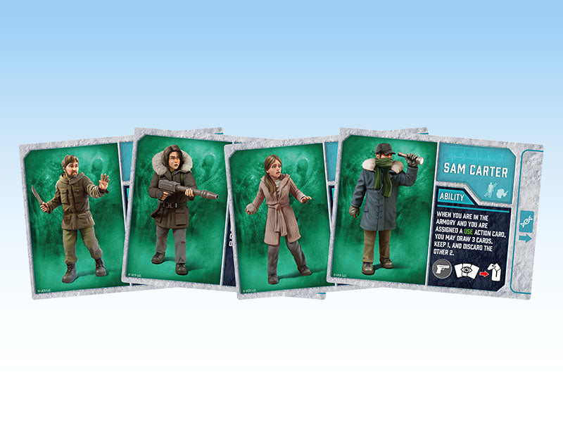 Four fanned-out board game character cards. People in winter gear: man with knife, woman with rifle, distressed woman, man with monocular