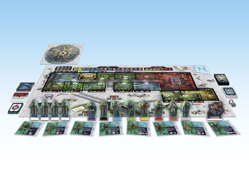 The Thing: Norwegian Outpost board game laid out, showing a detailed arctic research base map, character standees, cards, and tokens