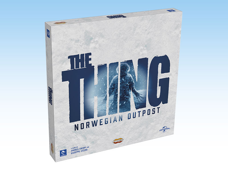 The Thing: Norwegian Outpost board game cover with a menacing, clawed creature in a blizzard