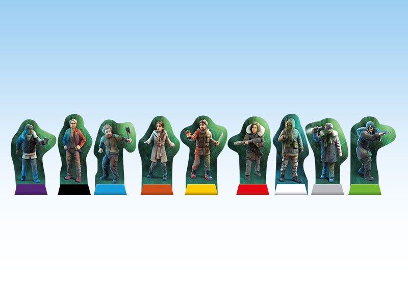 Nine diverse board game character standees in rugged clothing, many armed, arranged in a row on colorful bases