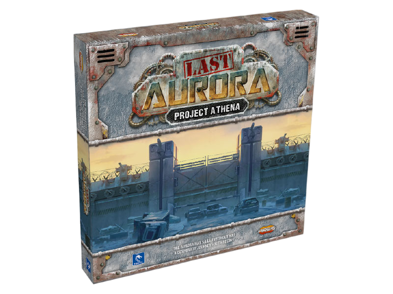 Game box for 'Last Aurora: Project Athena' Features a desolate, snowy, post-apocalyptic scene with a large defensive wall