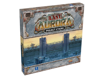Game box for 'Last Aurora: Project Athena' Features a desolate, snowy, post-apocalyptic scene with a large defensive wall
