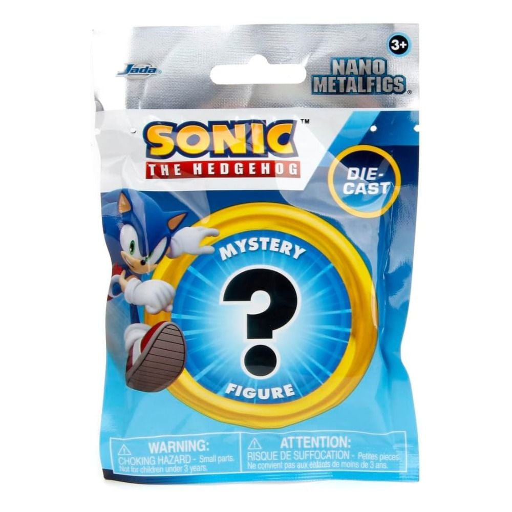 Blue and silver blind bag for Jada Nano Metalfigs Sonic The Hedgehog Die-Cast Mystery Figure featuring a large question mark graphic