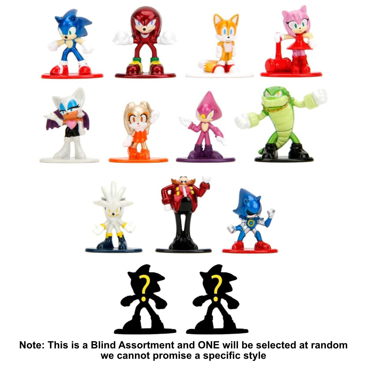 A full blind assortment display of twelve colorful Sonic Nano Metalfigs, featuring main characters like Sonic, Knuckles, Tails, Amy, and Dr Eggman, plus two mystery silhouette figures