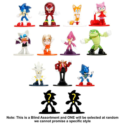 A full blind assortment display of twelve colorful Sonic Nano Metalfigs, featuring main characters like Sonic, Knuckles, Tails, Amy, and Dr Eggman, plus two mystery silhouette figures