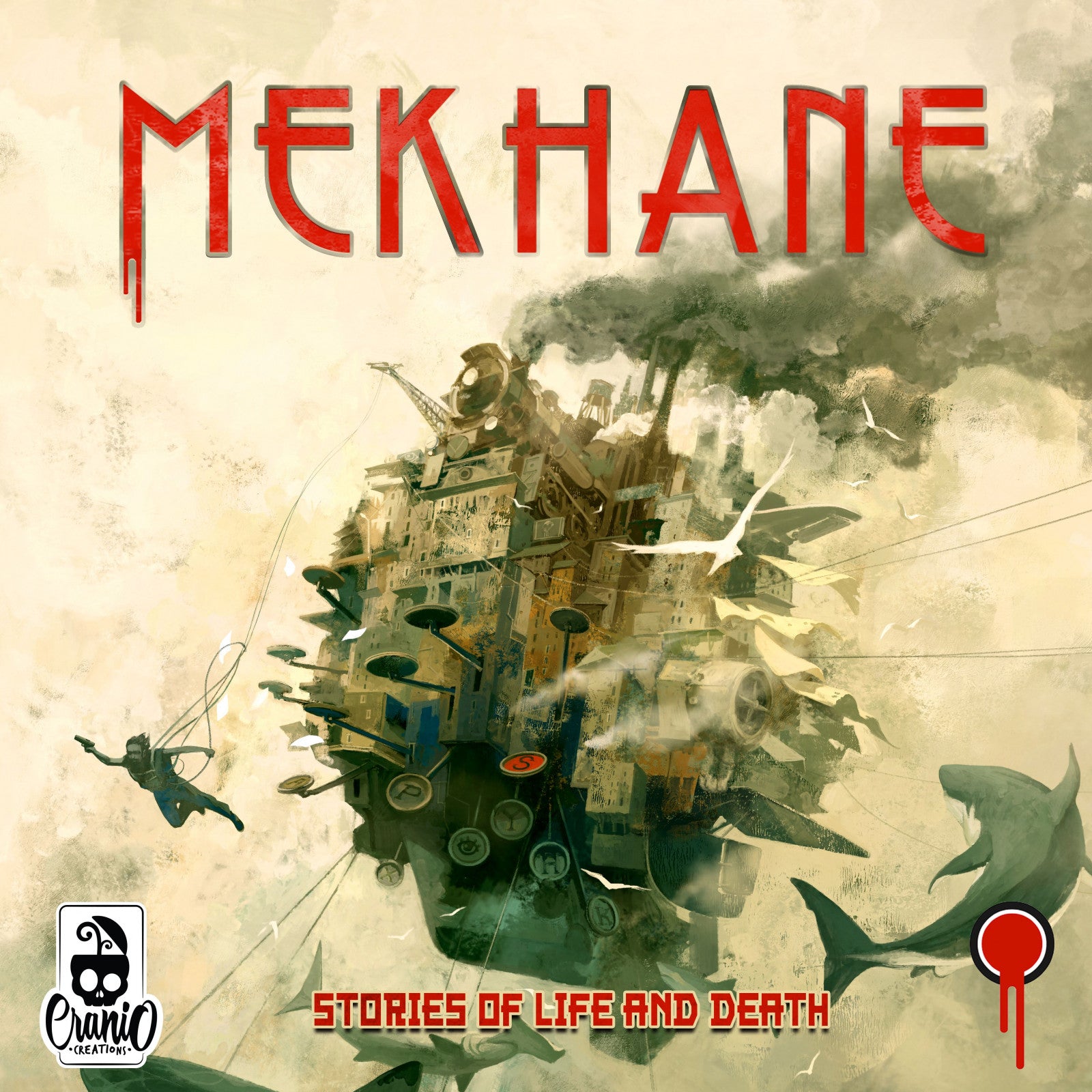 Front of the 3D box for Mekhane board game, featuring stylized ancient and divine iconography with glowing red and gold tones and the title prominently displayed