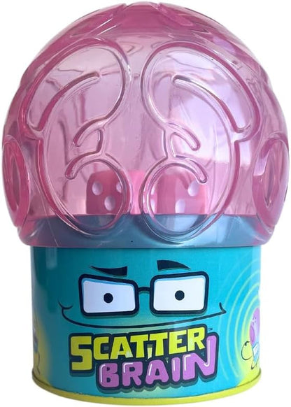 Scatter Brain game dice roller with cartoon face and brain-shaped lid