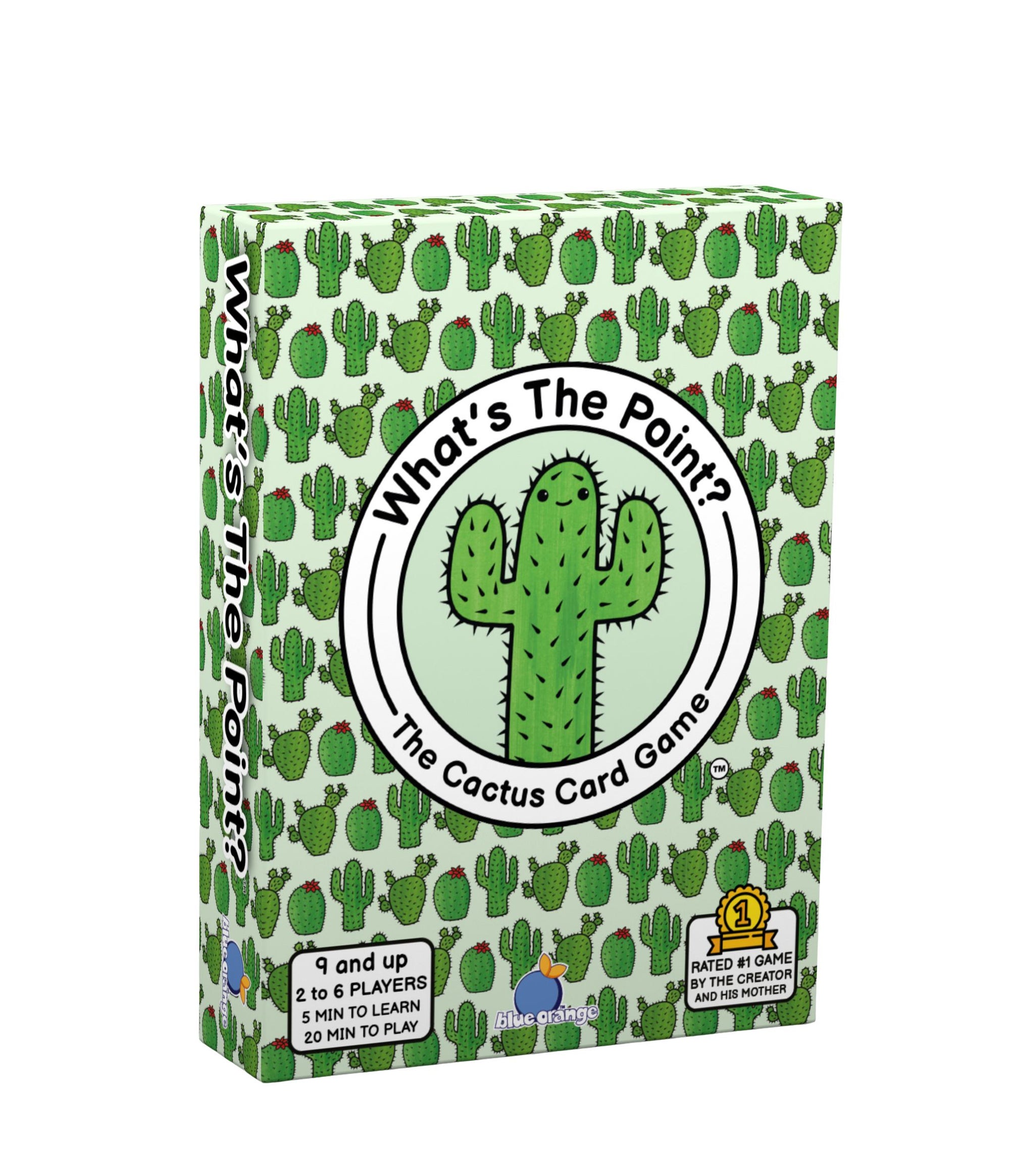 The "What's The Point" Cactus Card Game box for 2 to 6 players features a repeating cactus background and a friendly smiling cartoon cactus logo