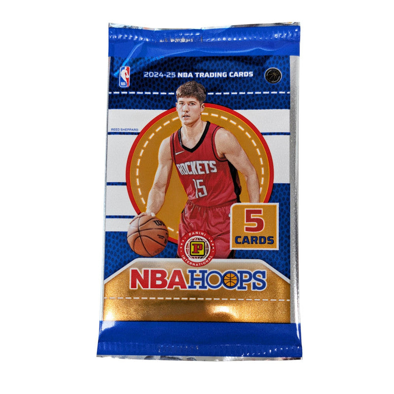 2024-25 NBA Hoops trading card pack with Reed Sheppard on the front showing 5 cards included