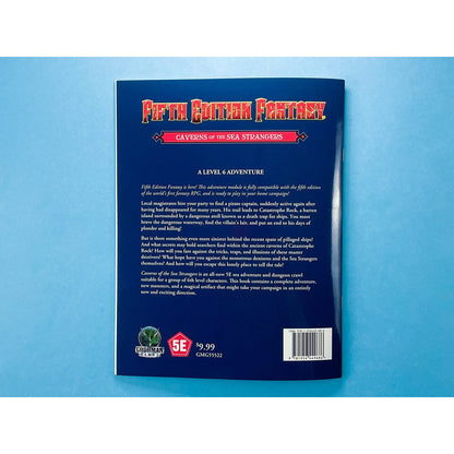 Dark blue back cover of "Fifth Edition Fantasy: Caverns of the Sea Strangers" RPG adventure module