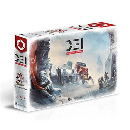 The game box for DEI Divide et Impera depicts a snowy, ruined city with a hooded figure, a large red robot, and other figures